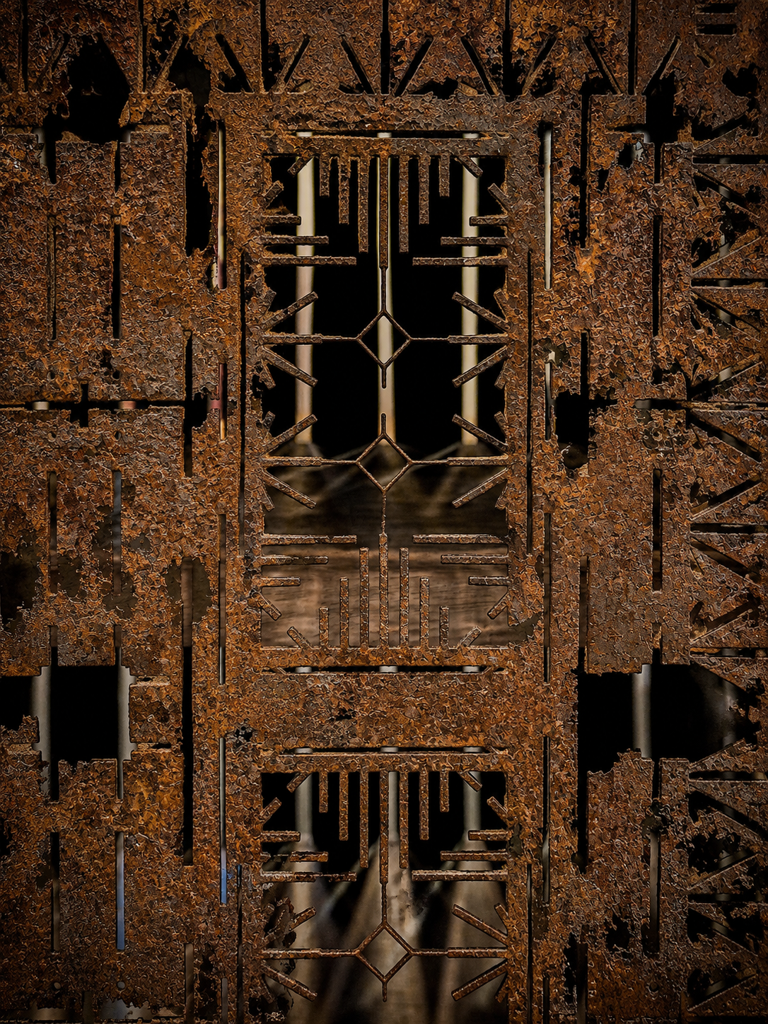 Corten metal embroidery close-up